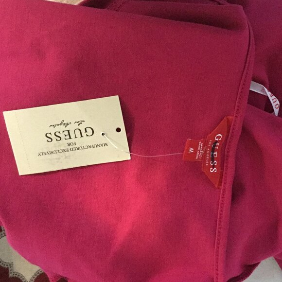 GUESS Sweetheart Neck Pencil Short Dress Mesh Long Sleeve Bodycam Stretch Pink M - Picture 7 of 9